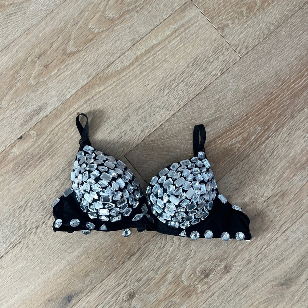 Black Embellished Rhinestone Black Bra - about 34c